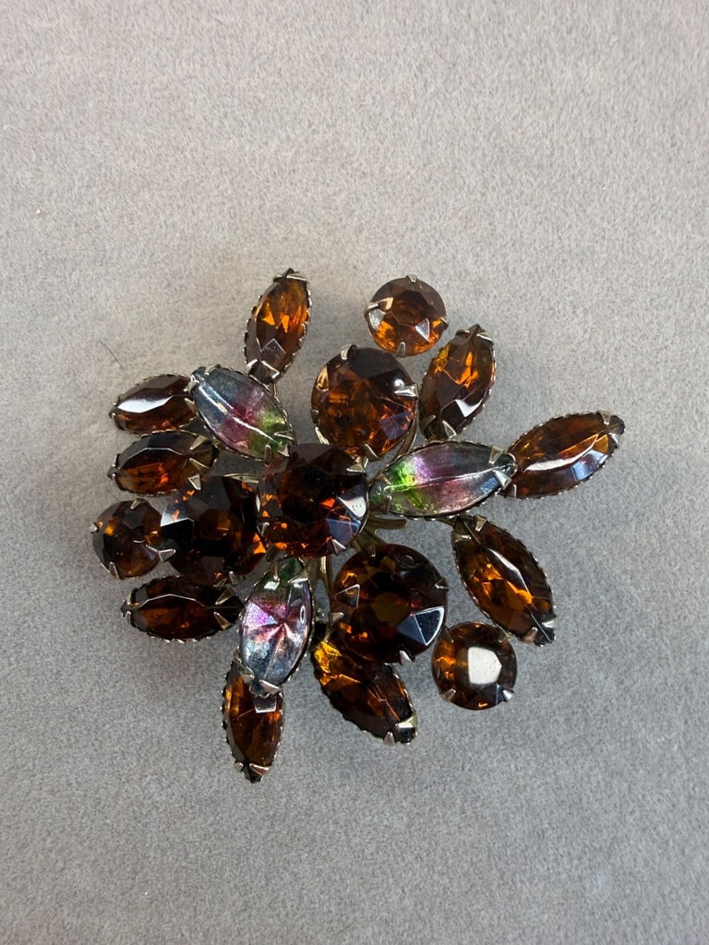 Vintage Watermelon & Amber Floral Rhinestone Cluster Brooch